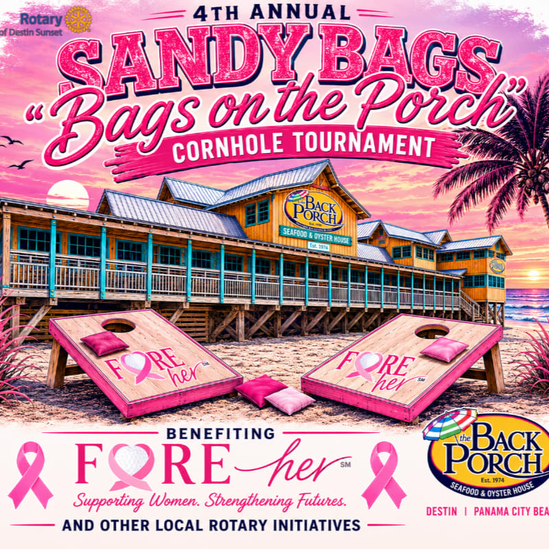 Two cornhole boards with pink bags sit on a sandy beach in front of a building with palm trees, under a pink sky advertising the "4th Annual Sandy Bags 'Bags on the Porch' Cornhole Tournament" benefiting "FORE her".