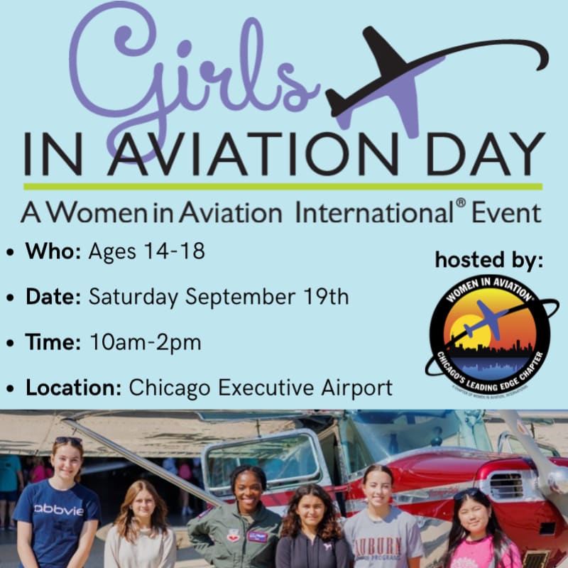 A group of young girls stand in front of an airplane with event details for "Girls in Aviation Day" displayed above.