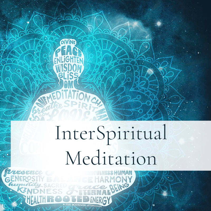 A silhouette of a meditating person filled with spiritual words is set against a vibrant blue mandala background.