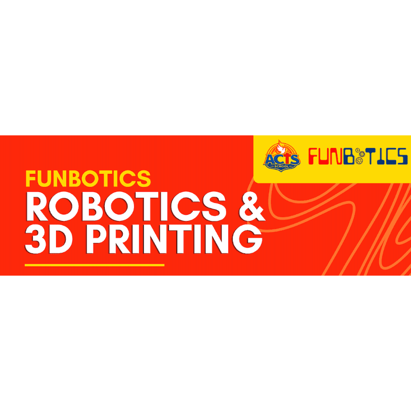 A bright orange banner with white text "FUNBOTICS ROBOTICS & 3D PRINTING" on the left, and a logo with "ACTS FUNBOTICS" on a yellow background with orange wavy lines on the right.