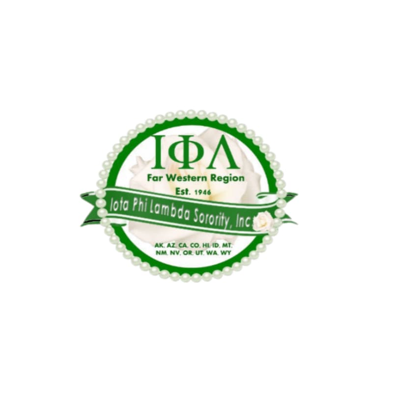A circular emblem with a pearl border frames the Iota Phi Lambda Sorority logo, featuring Greek letters and text about the Far Western Region and its establishment date, set against a white background.