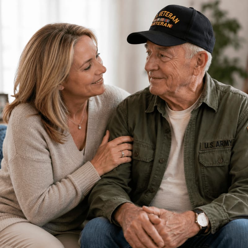 A woman with blonde hair gently touches the arm of an elderly man wearing a "VETERAN" cap and a U.S. Army jacket, with a soft, blurred background.