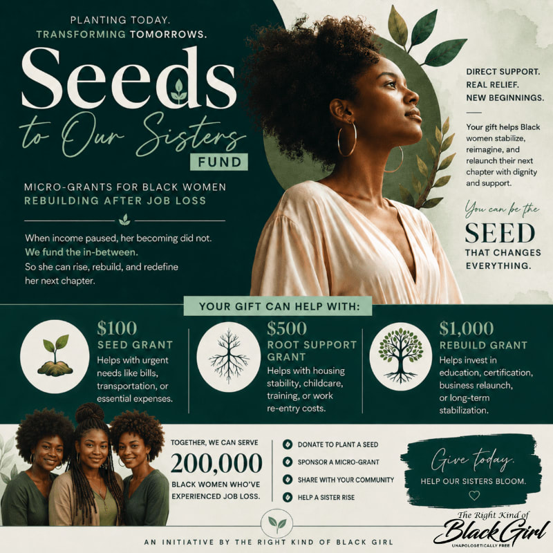 A Black woman looks upward in the background, while the foreground displays information about the "Seeds to Our Sisters Fund" and donation tiers.