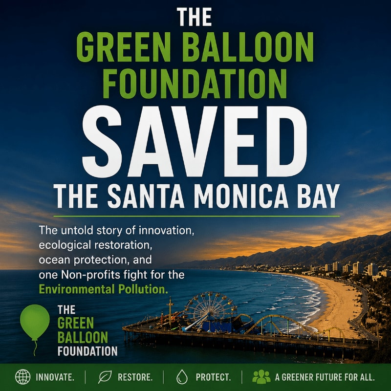 A green balloon logo and text about the Green Balloon Foundation saving Santa Monica Bay are in the foreground, with a scenic view of the bay, beach, and pier in the background.