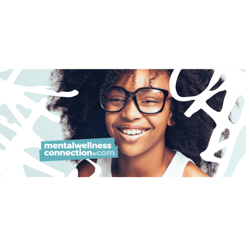 A smiling young girl with glasses in the foreground is set against a light blue and white abstract background with the text "mentalwellnessconnection.com" on a teal banner.