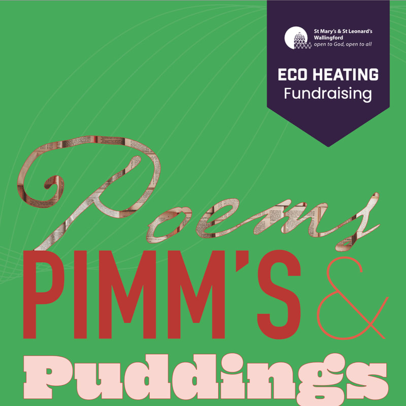 A green background features the words "Poem Pimm's & Puddings" in large, stylized text, with a purple banner in the upper right corner announcing "ECO HEATING Fundraising."
