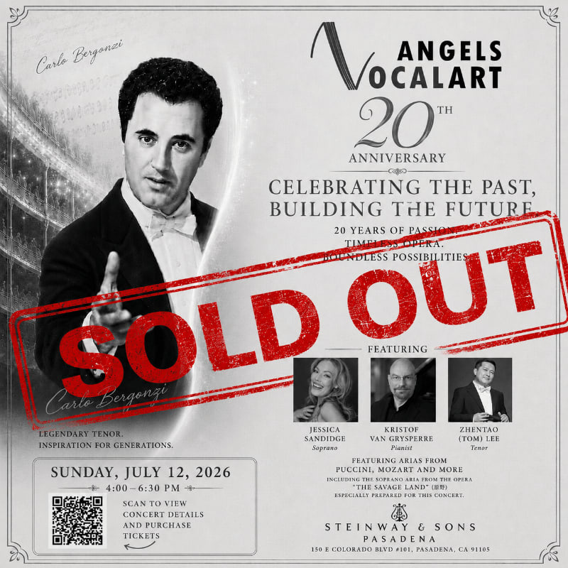 A formal portrait of Carlo Bergonzi is overlaid with a "SOLD OUT" stamp, while the background features event details for Angels Vocalart's 20th Anniversary concert.