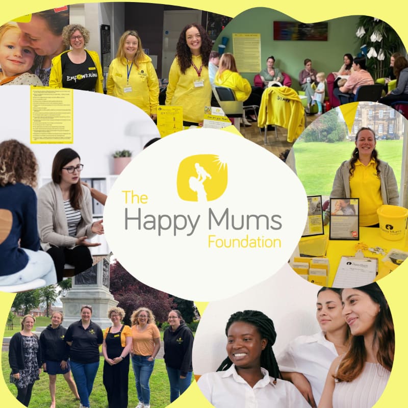 A collage of photos features smiling women and children in yellow shirts, some interacting at tables with the "Happy Mums Foundation" logo, while others are gathered outdoors.