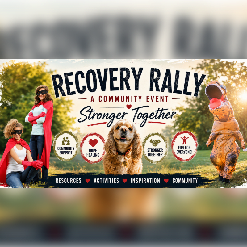 Two women in superhero capes and a person in a dinosaur costume stand with a dog in front of a banner for a "Recovery Rally" event, set against a backdrop of trees and sunlight.