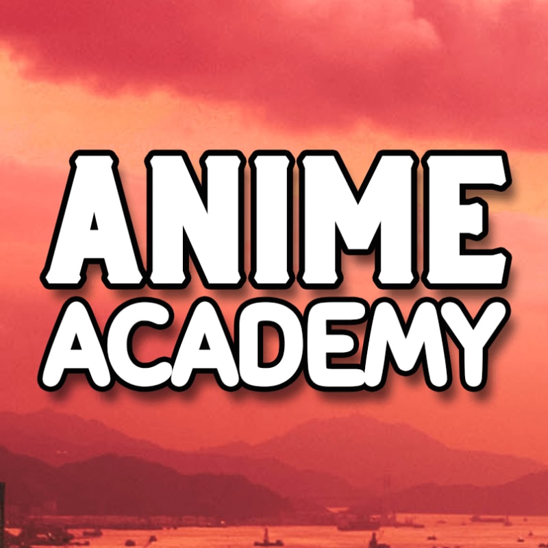 White text reading "ANIME ACADEMY" with a black outline is superimposed over a hazy, orange-tinted background of mountains and a city skyline.