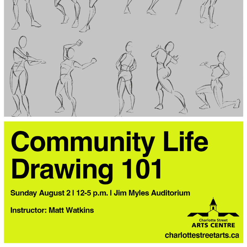 Sketches of human figures in various poses fill the background, while the foreground displays a bright yellow banner advertising a "Community Life Drawing 101" class.