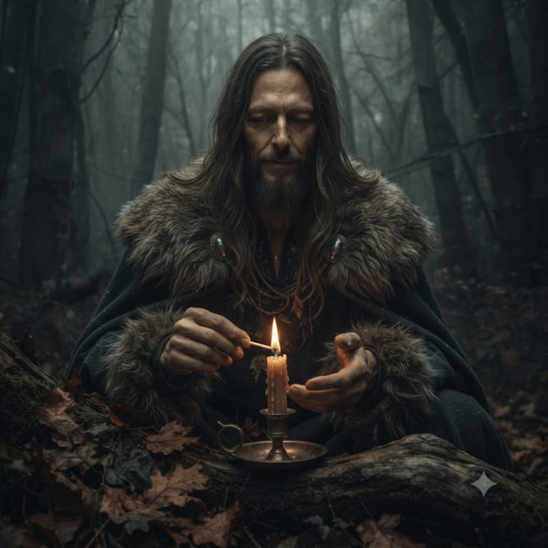 A man with long hair and a fur-lined cloak lights a candle in a dimly lit forest with fallen leaves on the ground.