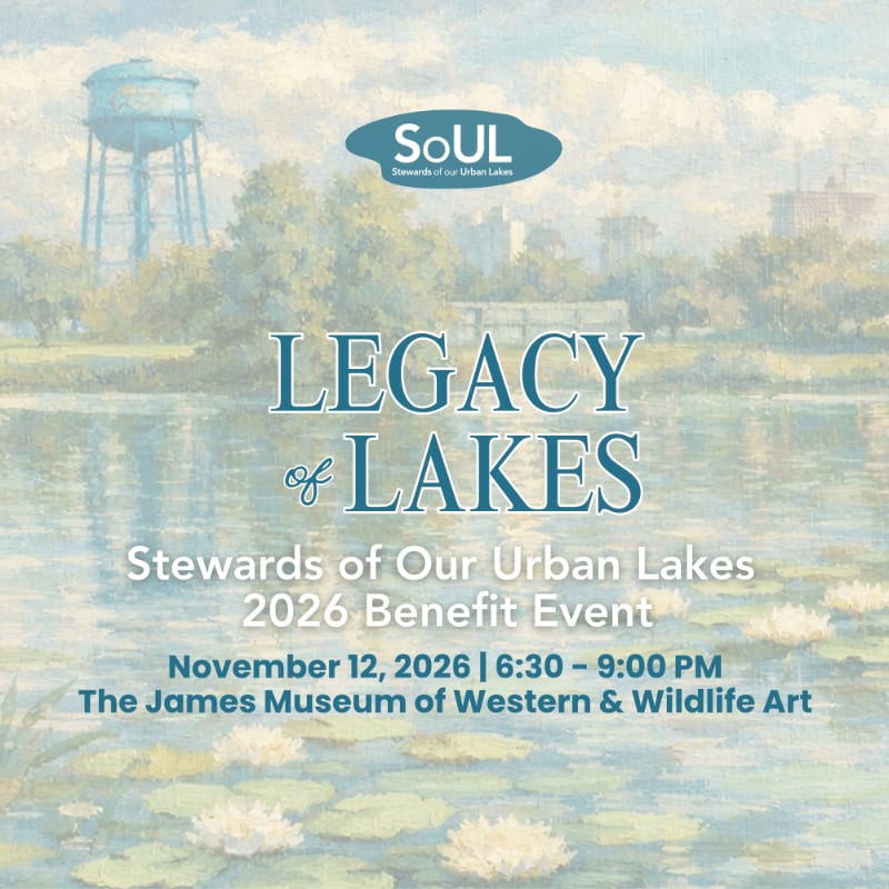 Water lilies float on a calm lake in the foreground, while a water tower and buildings are visible in the hazy background, all overlaid with text announcing a "Legacy of Lakes" benefit event.