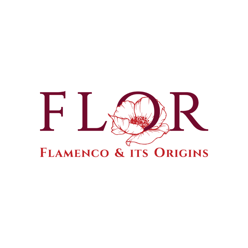 A stylized poppy is integrated into the word "FLOR" in the foreground, with the text "FLAMENCO & ITS ORIGINS" below it, all set against a plain white background.