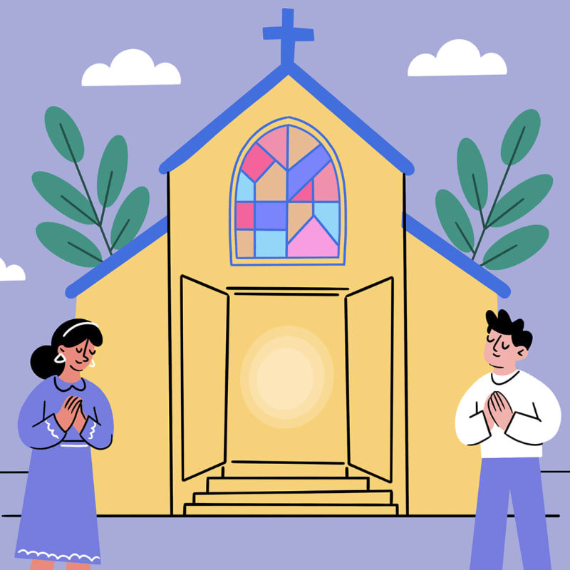 A man and a woman stand in prayer before a yellow church with a stained-glass window and open doors, set against a pale purple sky with clouds and green foliage.