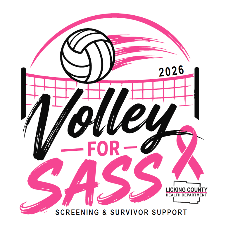 A volleyball and net are in the foreground, with the words "Volley for SASS" and a pink ribbon in the background, all set against a white backdrop.