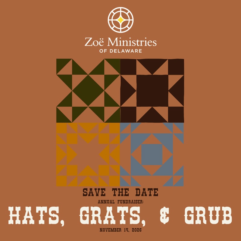 A quilt-like pattern in four colors dominates the center of the brown background, with text announcing "HATS, GRATS, & GRUB" at the bottom and the Zoë Ministries logo at the top.