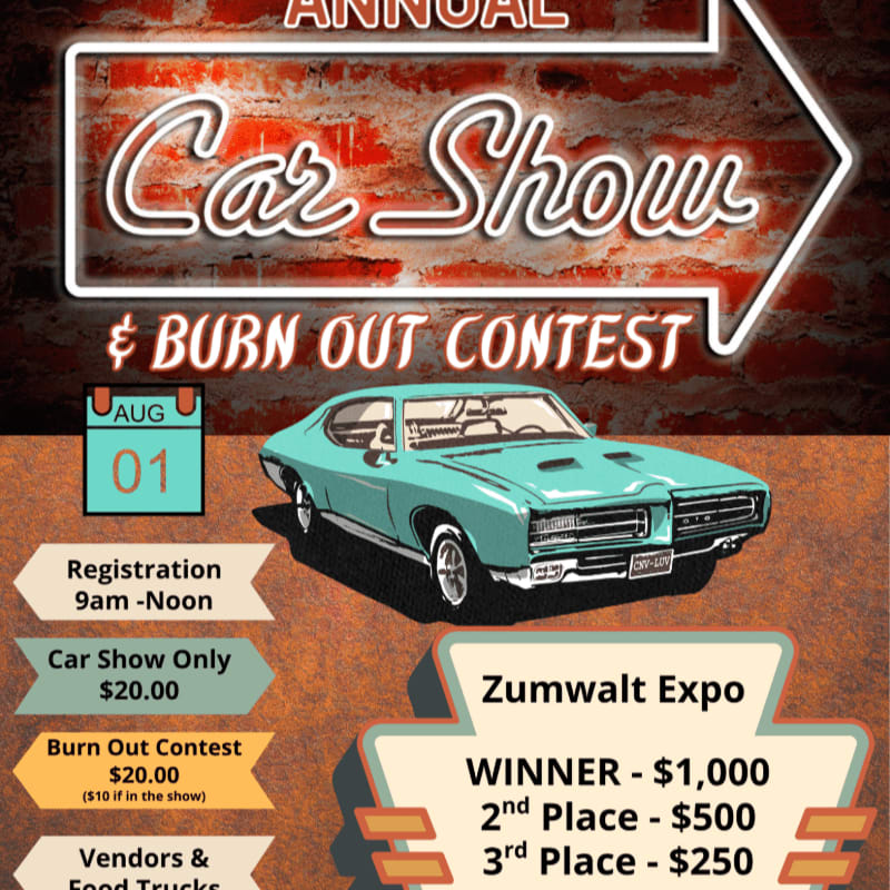 A teal vintage car is featured in the foreground of a poster advertising an annual car show and burn-out contest, with details about registration, pricing, and prizes against a brick-patterned background.