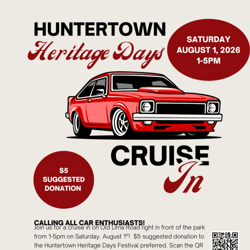 A red vintage car is featured in the foreground of a poster advertising Huntertown Heritage Days, with event details and a QR code in the background.