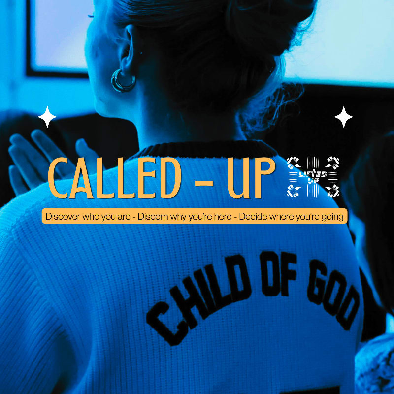 A person wearing a "CHILD OF GOD" sweater is in the foreground, with the words "CALLED - UP" and motivational text overlayed, while a blurred background suggests an audience or gathering.