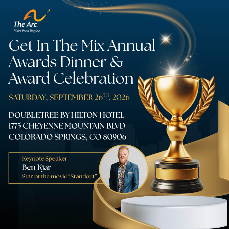A golden trophy stands on a pedestal in the foreground against a dark blue background with swirling golden lights, advertising the "Get In The Mix Annual Awards Dinner & Award Celebration" with event details and a photo of the keynote speaker.