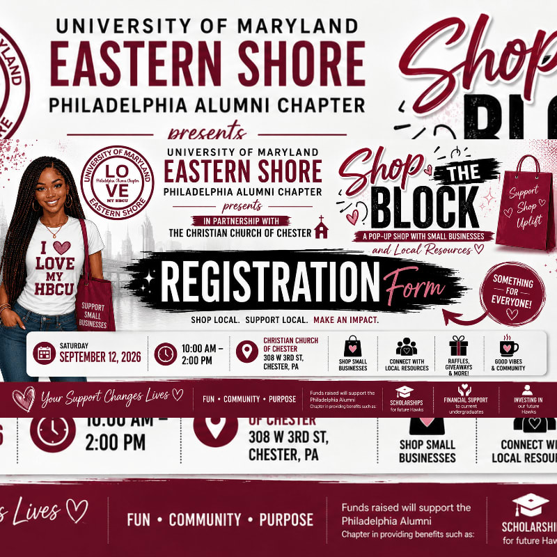 A young woman in the foreground smiles next to a flyer for a "Shop the Block" pop-up event hosted by the University of Maryland Eastern Shore Philadelphia Alumni Chapter, with the event details and logos filling the background.