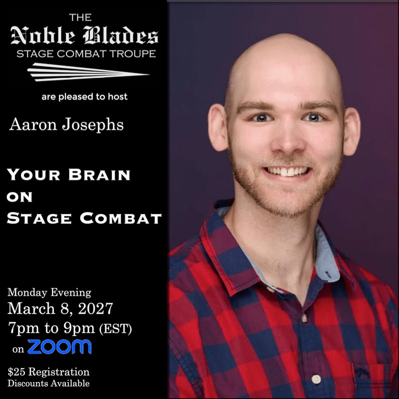 A smiling bald man in a red and blue plaid shirt is featured in the foreground against a dark purple and blue gradient background, with event details for "The Noble Blades Stage Combat Troupe" and "Aaron Josephs: Your Brain on Stage Combat" on the left.