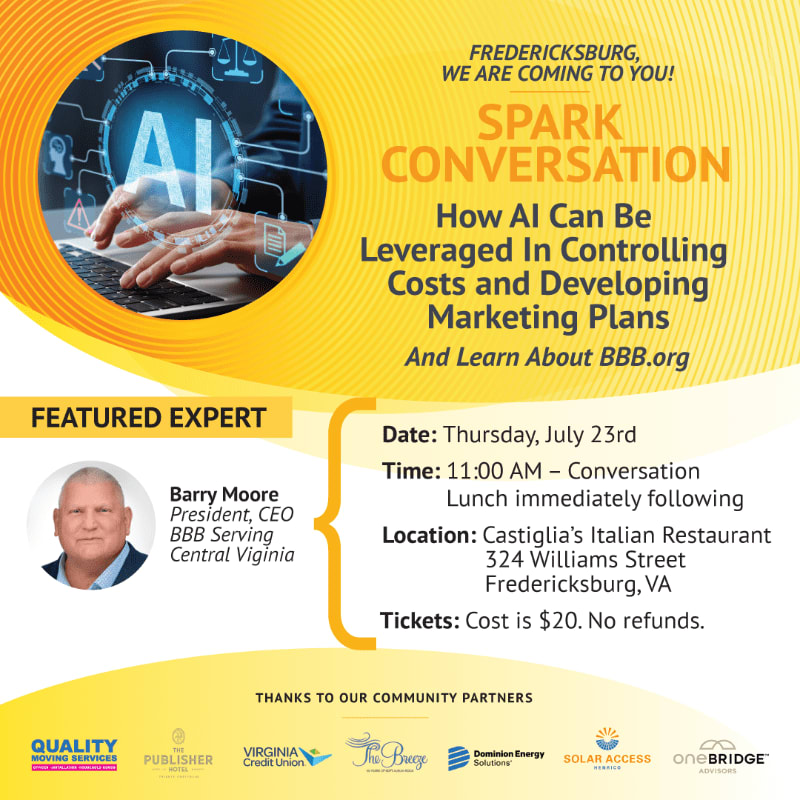 A yellow flyer advertises an AI-focused "Spark Conversation" event in Fredericksburg, featuring Barry Moore as the expert and listing event details and community partners at the bottom.