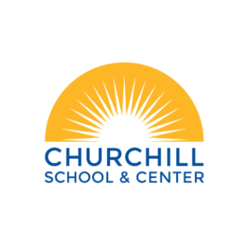 A yellow sunburst logo with the words "CHURCHILL SCHOOL & CENTER" in blue text is set against a white background.