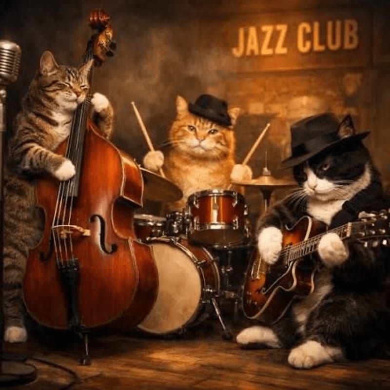 Three cats in hats play jazz instruments in a dimly lit club, with a double bass in the foreground and a drum set and guitar in the mid-ground, all under a "JAZZ CLUB" sign in the background.