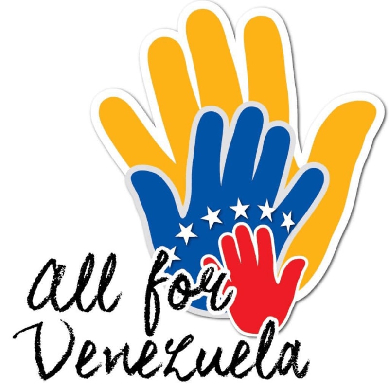 Three colorful handprints, with the smallest red handprint nested within a blue handprint adorned with stars, and all within a large yellow handprint, are positioned to the left of the text "all for Venezuela" on a white background.
