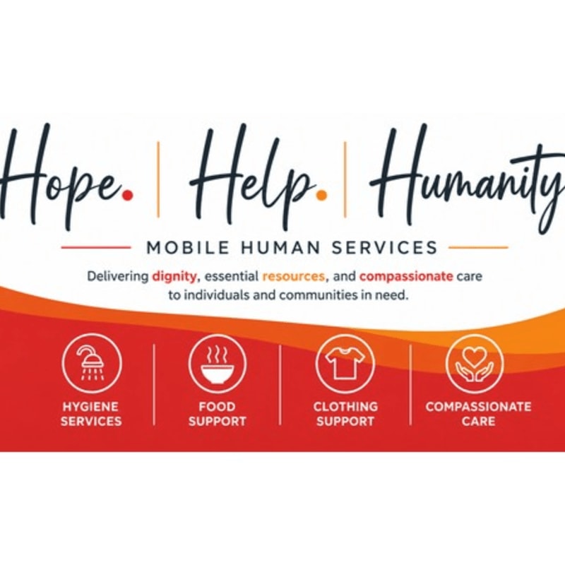 The foreground displays four icons representing hygiene, food, clothing, and compassionate care services, set against a vibrant orange and red gradient background, while the background features the text "Hope. Help. Humanity" and "MOBILE HUMAN SERVICES" in bold lettering.