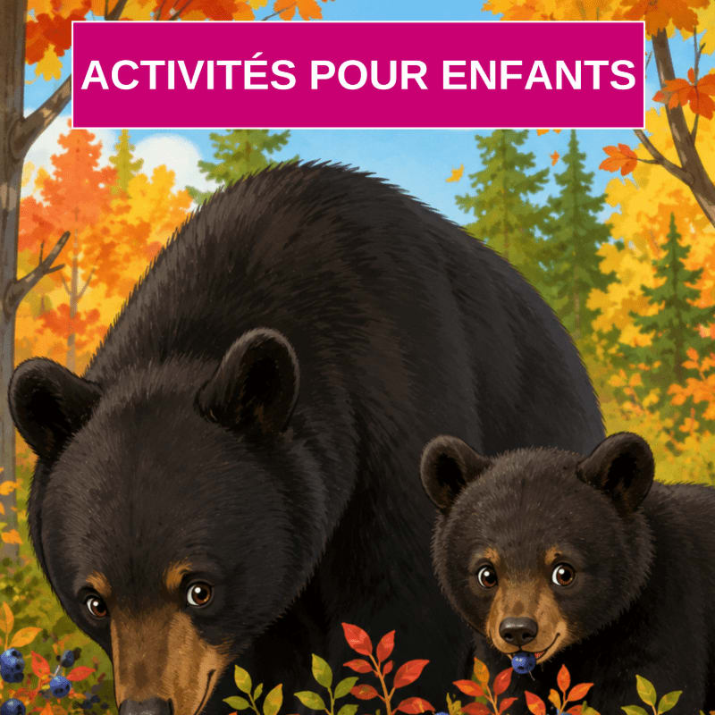 A mother bear and her cub forage for blueberries in a colorful autumn forest, with the words "ACTIVITÉS POUR ENFANTS" at the top.