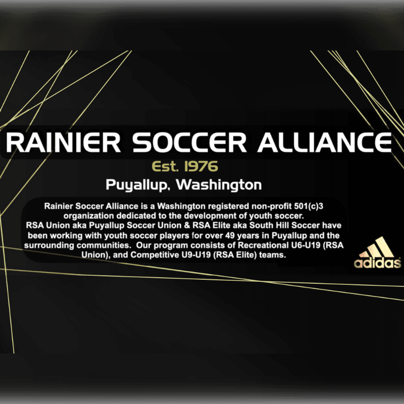 A black background with gold lines frames text about the Rainier Soccer Alliance, a youth soccer organization established in 1976 in Puyallup, Washington, with the Adidas logo in the lower right corner.