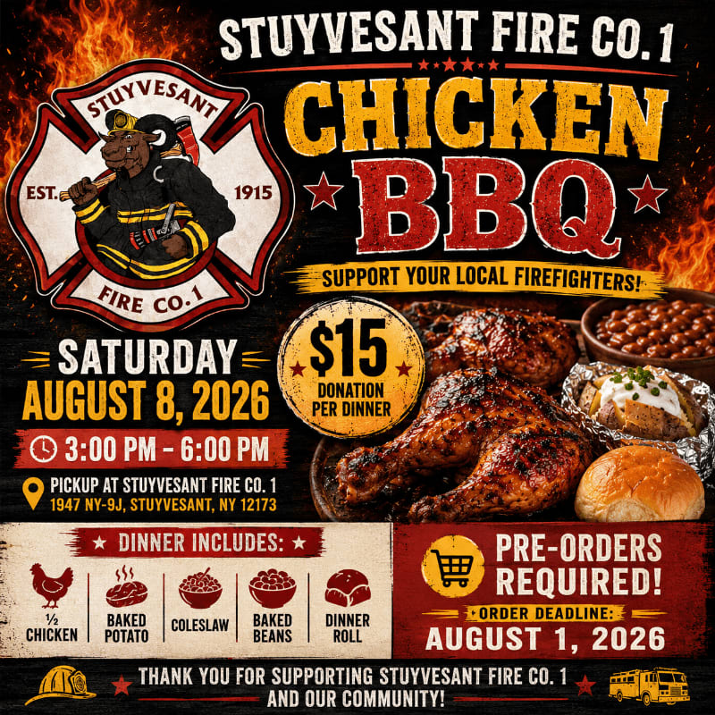A fire department logo and event details for a chicken BBQ are displayed against a fiery background.