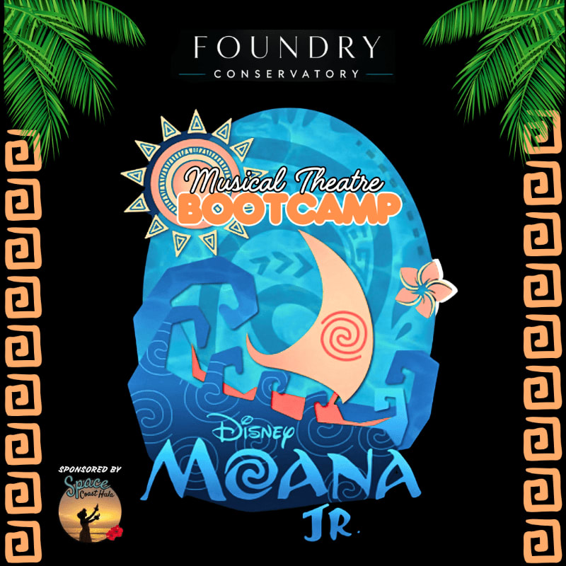 Palm fronds frame a vibrant graphic for Disney's Moana Jr. Musical Theatre Bootcamp, sponsored by "Stage Door Hats," against a black background with decorative borders.