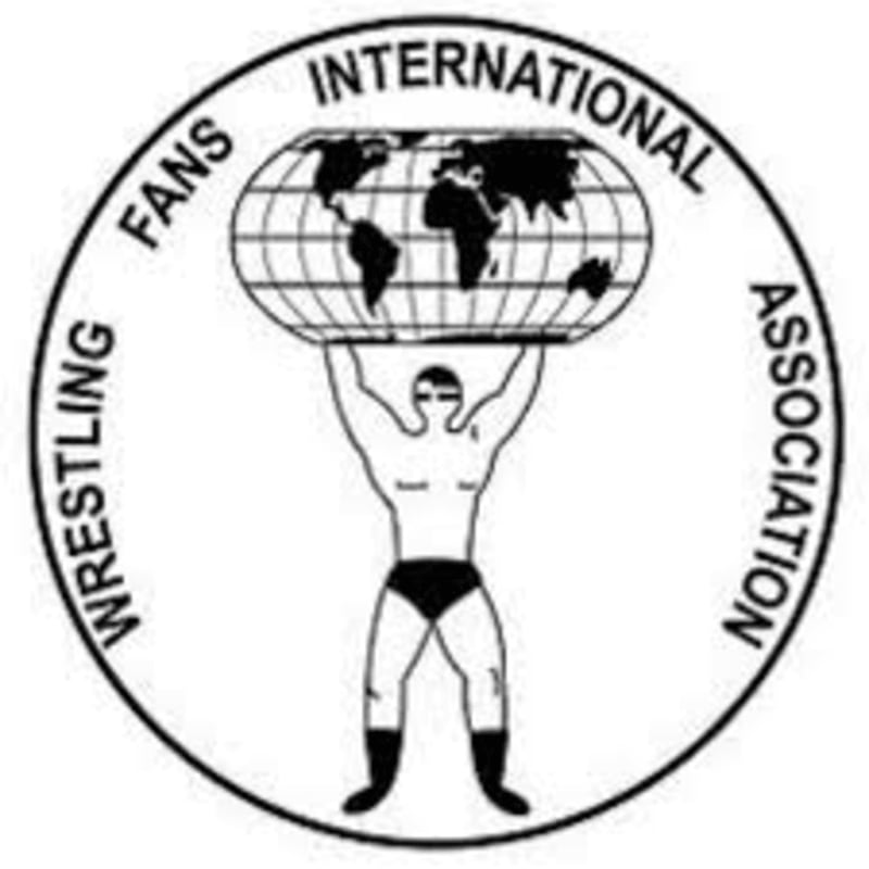 A muscular wrestler in the foreground lifts a globe, surrounded by text that reads "Wrestling Fans International Association" in the background.
