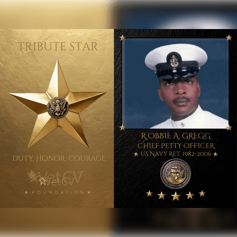 A golden tribute star with the words "Duty, Honor, Courage" is on the left, while a portrait of Robbie A. Gregg, a retired US Navy Chief Petty Officer, is on the right.