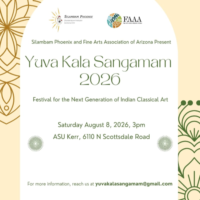A cream-colored poster with green and gold decorative borders announces "Yuva Kala Sangamam 2026," a festival for Indian classical art, with event details in the center and contact information at the bottom.