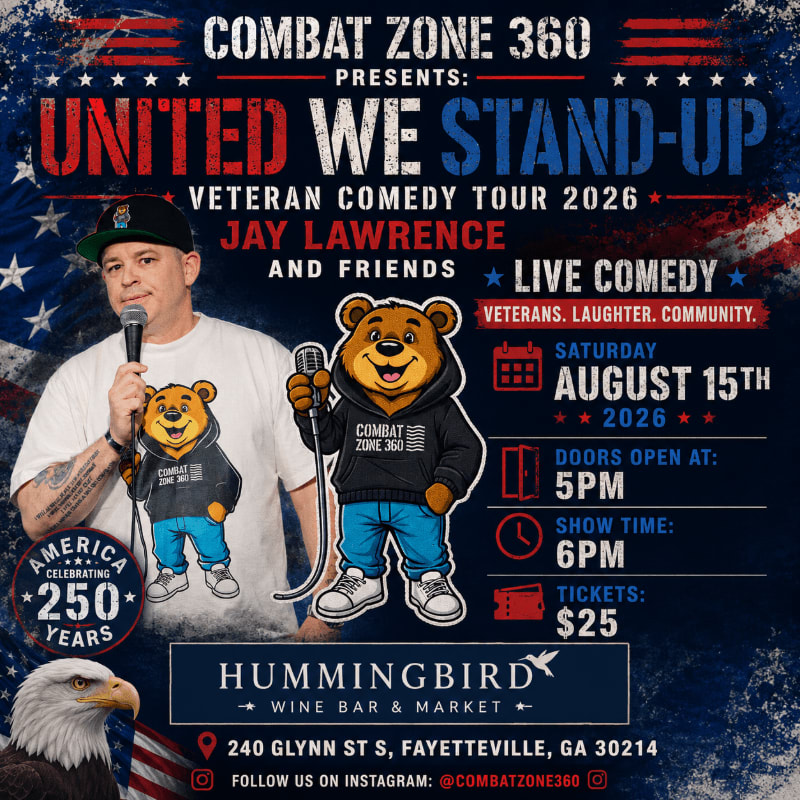 A comedian and a cartoon bear stand in front of a patriotic background advertising a veteran comedy tour.