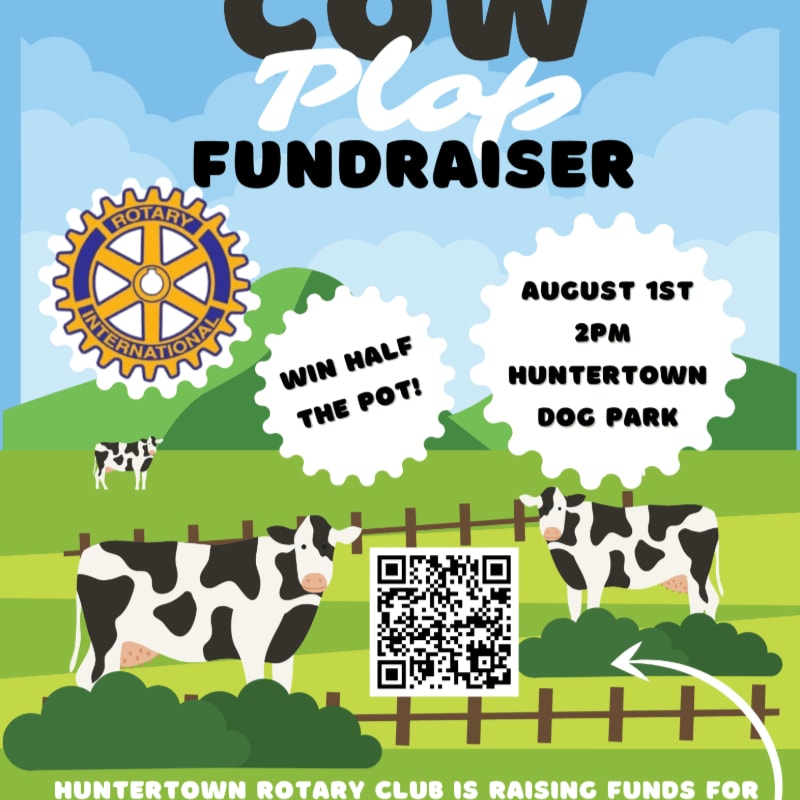 Two cows stand in a grassy field with a fence in the foreground, while a blue sky with clouds and event details are in the background.