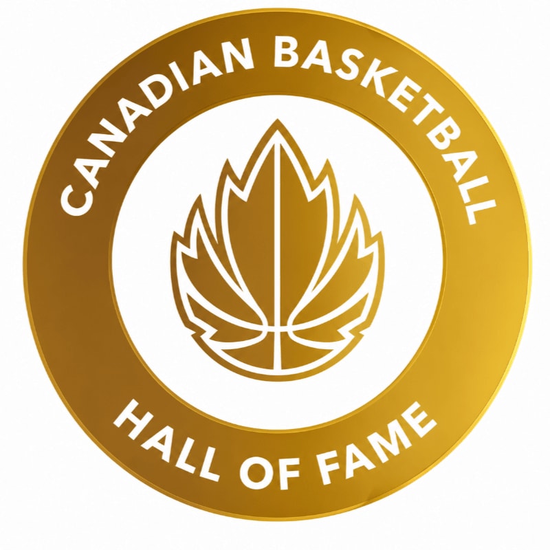 A golden circular emblem with "CANADIAN BASKETBALL HALL OF FAME" inscribed around a stylized basketball and maple leaf design is presented against a white background.