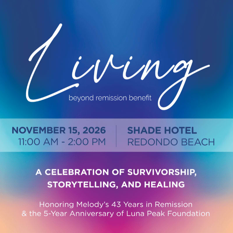 A gradient background with white text announces a benefit event on November 15, 2026, at Shade Hotel Redondo Beach, celebrating survivorship, storytelling, and healing.