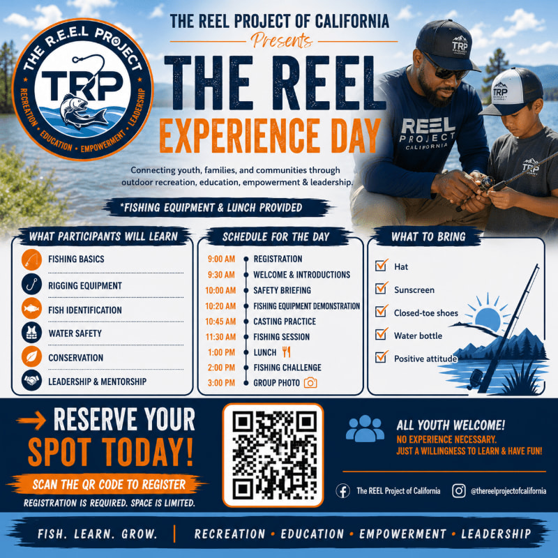 A flyer for "The Reel Experience Day" by The Reel Project of California, featuring a father and son fishing in the background and event details in the foreground.