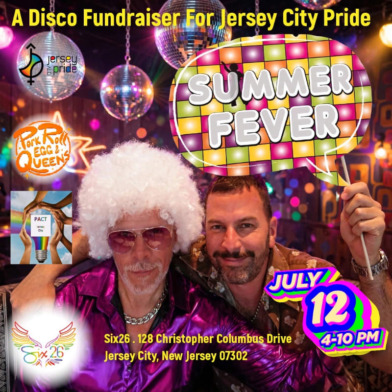Two men in disco attire pose in front of a vibrant, disco-themed background advertising a "Summer Fever" fundraiser for Jersey City Pride.