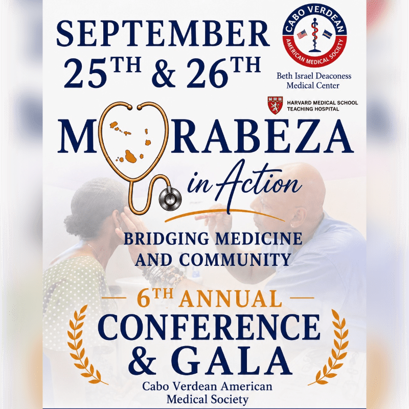 A poster for the 6th Annual Conference & Gala of the Cabo Verdean American Medical Society features a stethoscope over a blurred background image of two people interacting.