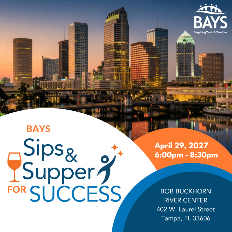 A cityscape at dusk with a river in the foreground and event details for "BAYS Sips & Supper for Success" on the right.