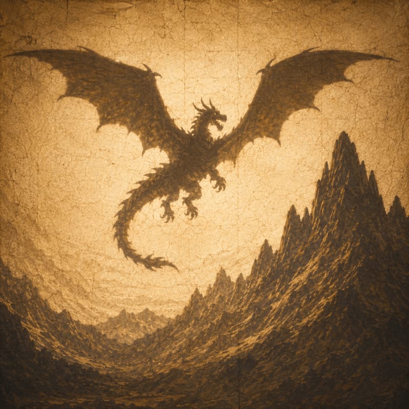 A silhouetted dragon soars above jagged mountain peaks under a textured, sepia-toned sky.