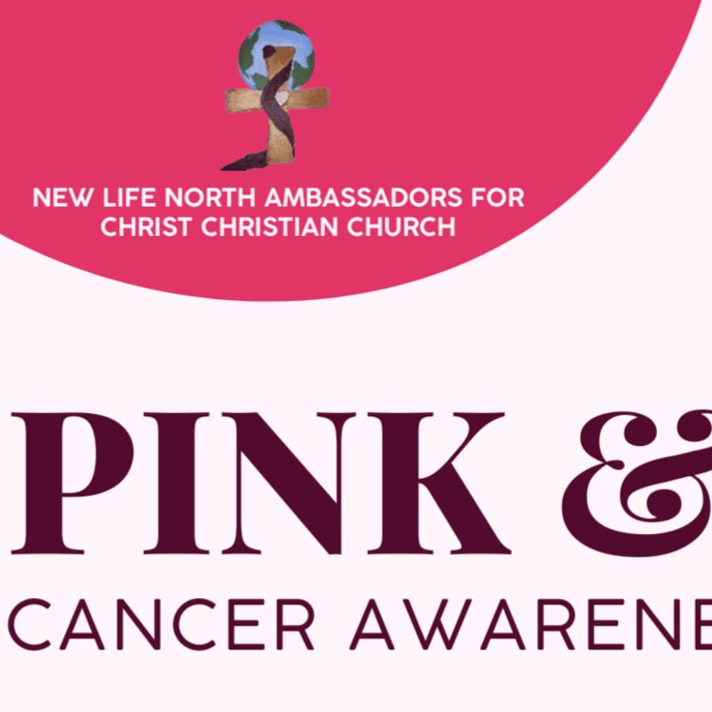 A pink and white graphic features a cross with a globe at its center in the upper portion, and the words "PINK & CANCER AWARENE" in large, dark pink lettering in the lower portion.