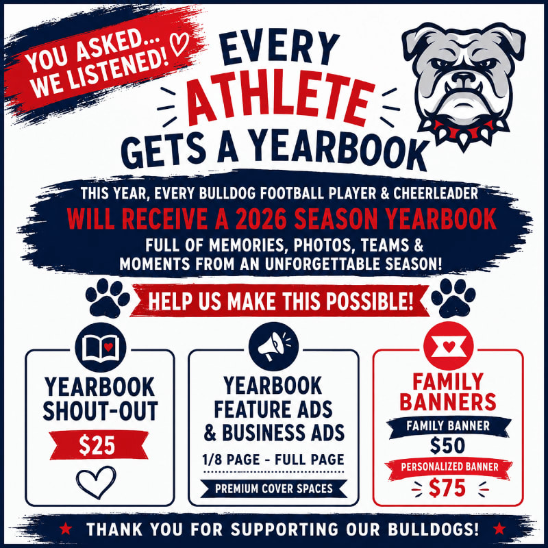 A graphic announces that every athlete gets a yearbook, with options for yearbook shout-outs, feature ads, and family banners in the foreground, set against a background featuring a bulldog mascot and motivational text.